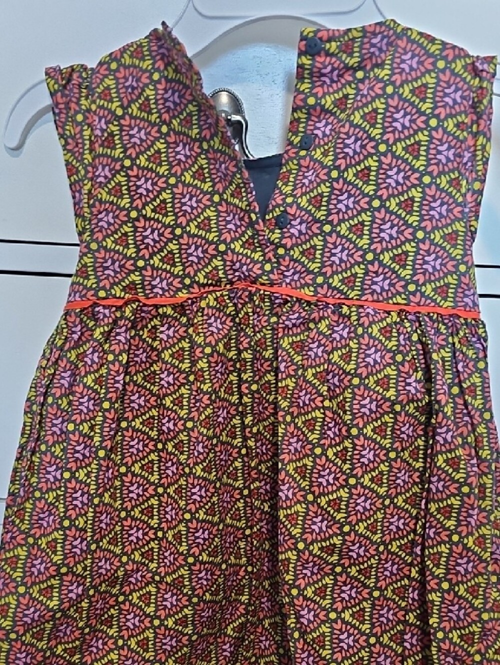 Girls Floral Geo Print Pink and Green Sleeveless Dress - Picture 3 of 3